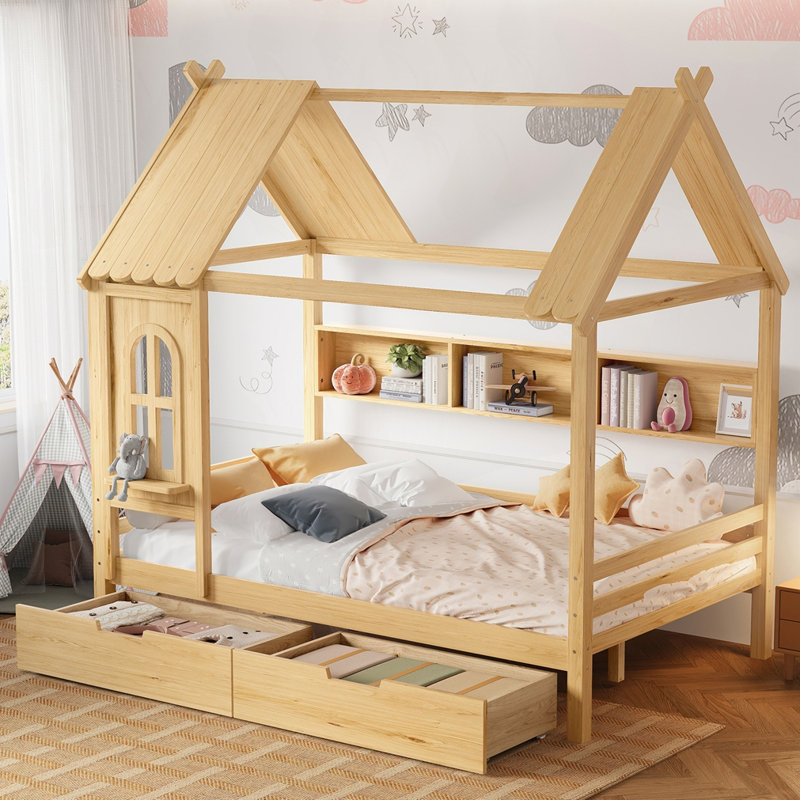 Lits de maison avec tiroirs de rangement et fenêtre, Complète, Naturel