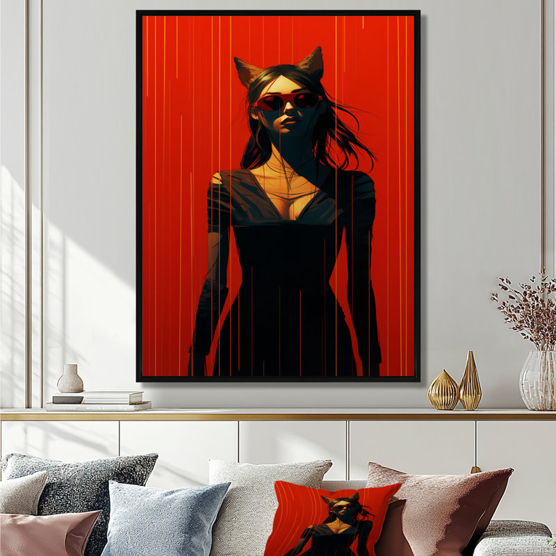 Chat avec femme sur fond rouge rétro - art mural moderne, salon, Cadre flottant noir, H 20 po x l 12 po