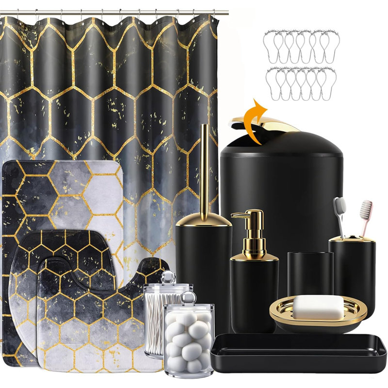 Ensemble de salle de bain 25 pièces noir et doré avec tapis de rideau de douche et tapis de bain en mousse viscoélastique