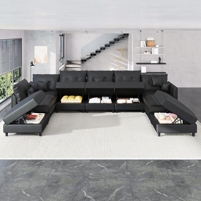 Zendajas 9 - Piece Upholstered Sectional Reversible Modular Corner Sectional with Ottoman, Black Faux Leather
