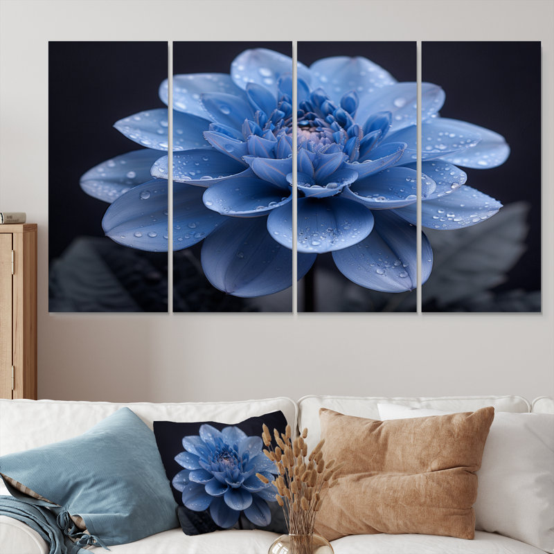 Monochromes noir et bleu Dahlia Bloom - ensemble d'art sur toile Dahlia, H 28 po x l 48 po