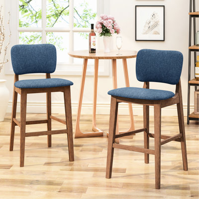 2 chaises de bar de style Mid-Century - Tissu bleu foncé, structure en bois d'hévéa robuste avec siège en tissu à pieds fuselés, bois élégant