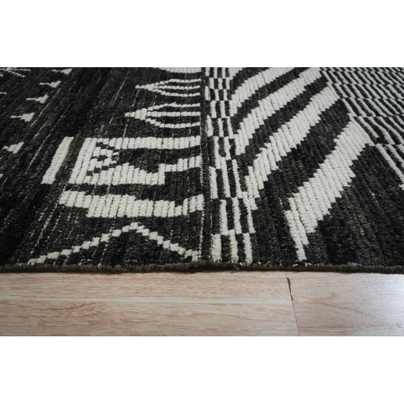 Black Hand-Knotted Wool Village Skyline Tribal Modern Contemporary Carpet Rug, 6' x 9'