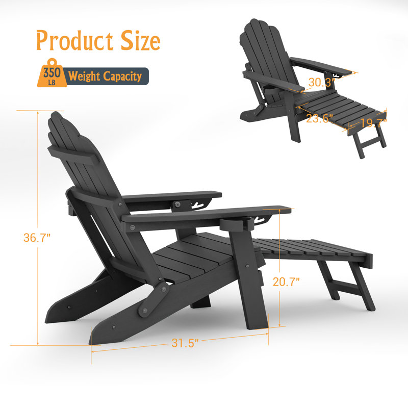 Set of 4 Folding Adirondack Chairs, All-Weather HIPS Plastic Adjustable Patio Chair with Ottoman, Outdoor Fire Pit Chair for Deck Backyard Lawn Garden