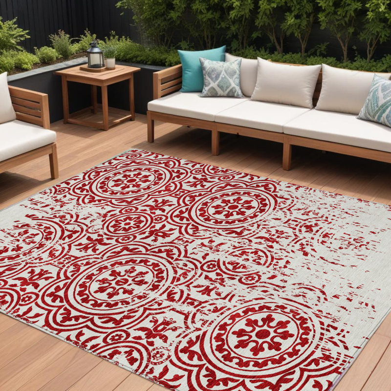 Tapis intérieur / extérieur lavable 10 pi x 14 pi médaillon rouge et ivoire