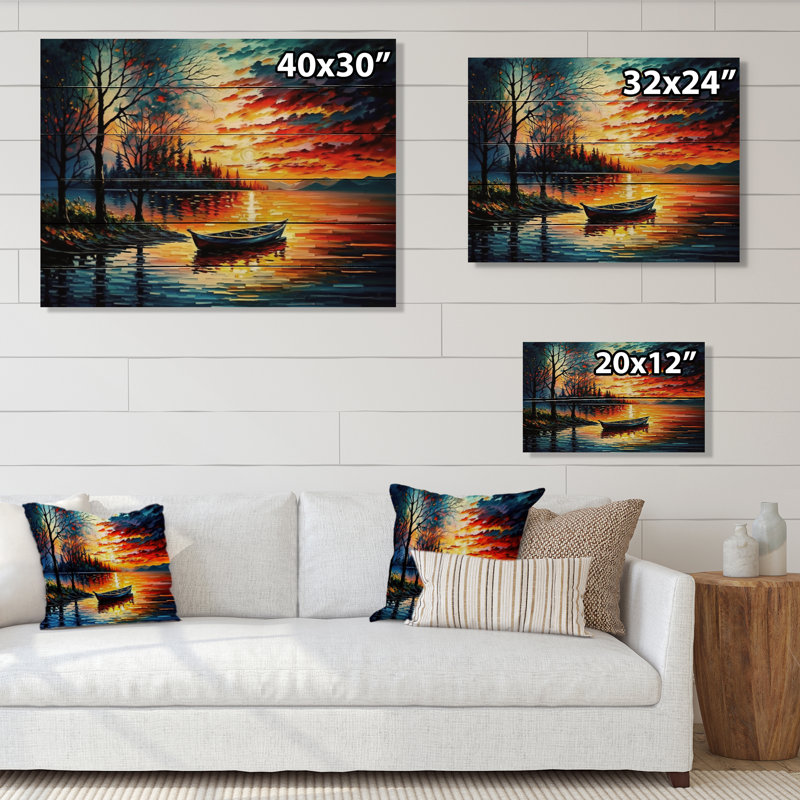 Canot sur le lac en automne Canot sur le lac en automne - impression sans cadre sur bois, H 12 po x l 20 po x P 1 po