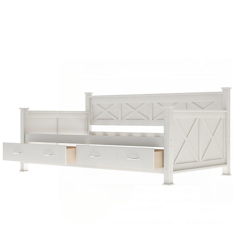 Lit de jour avec 2 grands tiroirs, structure en X, style décontracté moderne et rustique pour un rangement et une durabilité accrus