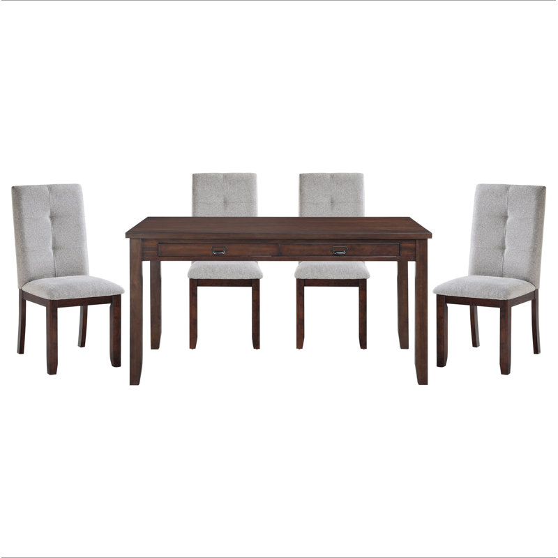 Ensemble de table de salle à manger à finition cerise foncée 5 pièces et 4 chaises d'appoint en chenille avec fonction de tiroirs