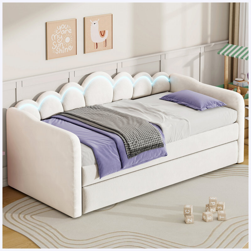 Lit de jour tapissier blanc TG avec lit gigogne et lumières DEL blanc, mobilier de chambre multifonctionnel réglable