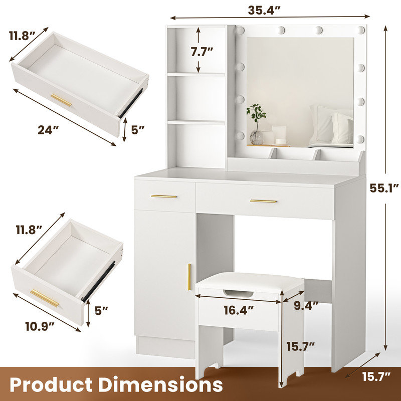 Meuble-lavabo à 3 tiroirs, grand miroir avec ampoule intégrée, tabouret de chambre pour la chambre