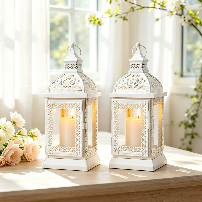 Set of 2 Rustic‑Style Metal Candle Lanterns, 32 cm High Cream Decorative Lantern Candle Holder with Tempered Glass, for Living Room, Garden, Patio, Parties, Indoor & Outdoor Use