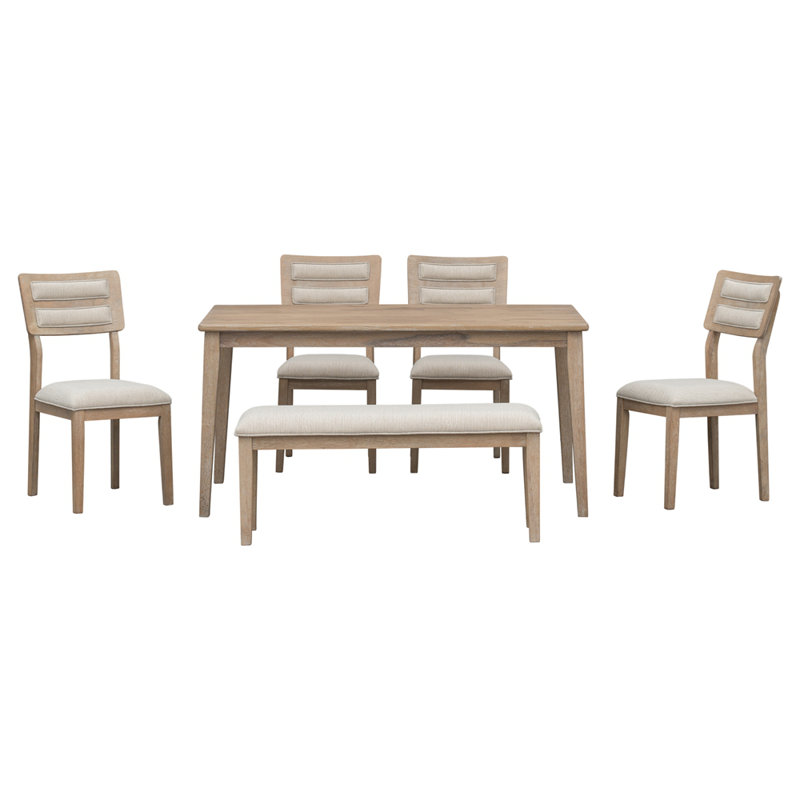 Ensemble de salle à manger 6 pièces de style classique et traditionnel, comprenant une table de salle à manger, 4 chaises rembourrées et un banc