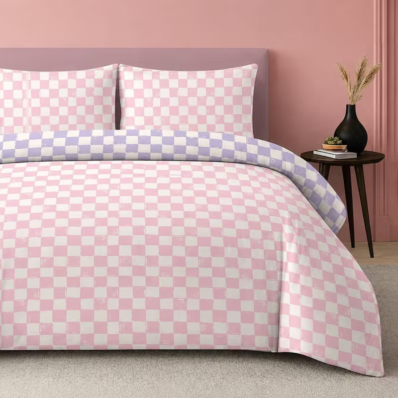 Checkerboard Duvet Cover Set Pink Lilac Bedding Set with Pillowcases, Double Duvet Cover + 2 Standard Pillowcases