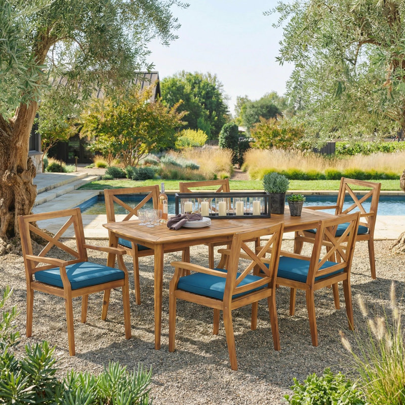 Ensemble de salle à manger rectangulaire pour 6 personnes 71 "avec coussins Ortonville, Bleu