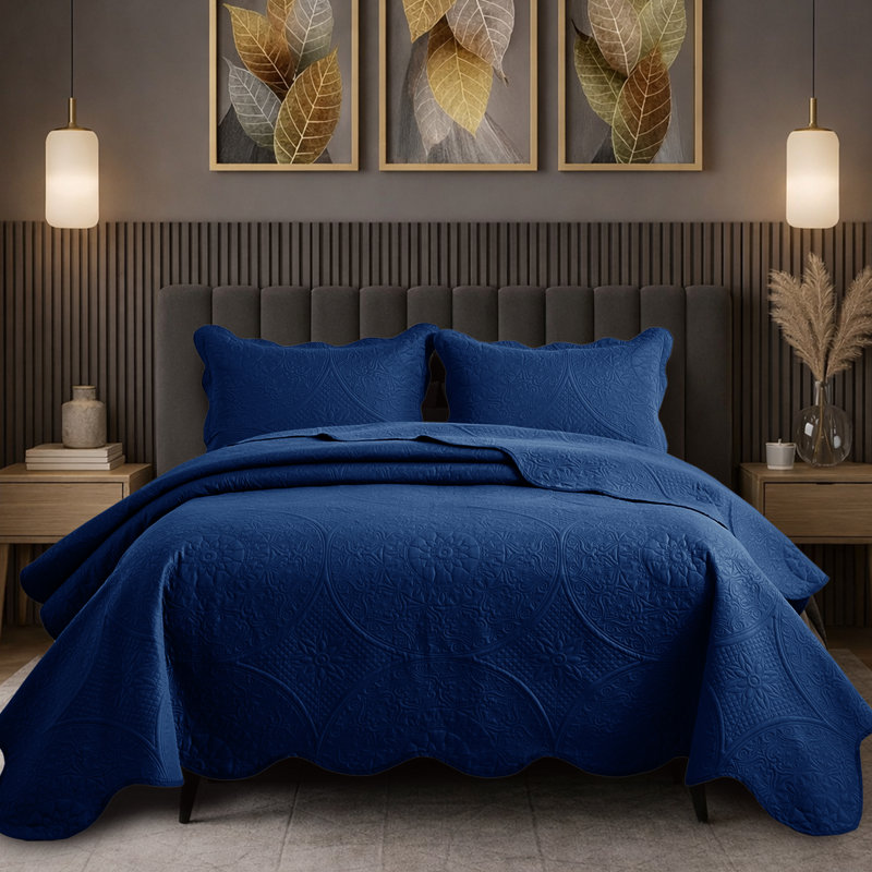 Floral Embossed Quilt Set, King Bedspread + 2 Standard Shams, Navy