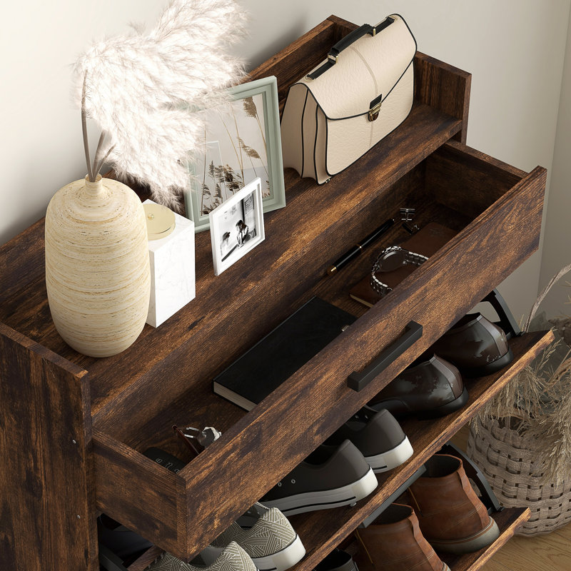 Armoire à chaussures étroite brune avec 2 portes rabattables et tiroir supérieur