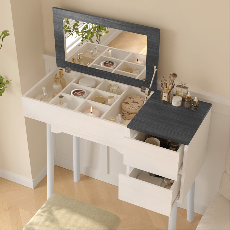 White Vanity Desk With Flip Top Mirror & Chair ,2 Drawers & 8 Storage Compartments