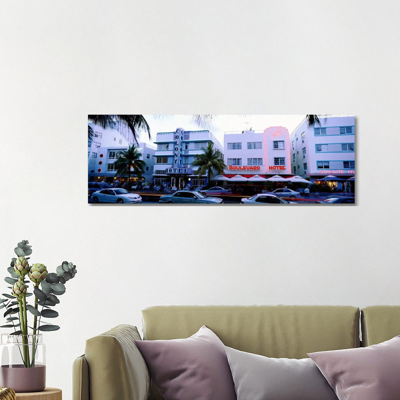 Traffic on Road in Front of Hotels, Ocean Drive, Miami, Florida, USA 1 Piece Wrapped Canvas Panoramic Wall Art