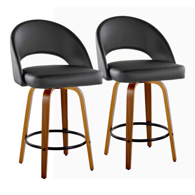 Fixed-Height Counter Stool In Walnut Wood And Faux Leather With Round Black Metal Footrest - Chair Set Of 2
