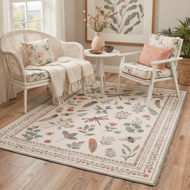 Adonis Wildmere Rustic Machine Washable Beige / Green / Pink Indoor Area Rug with Non-Slip Backing, Rectangle 5' x 7'