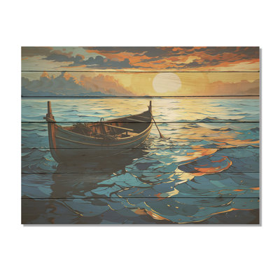 Coucher de soleil sur un bateau en mer - Bateau côtier sur bois