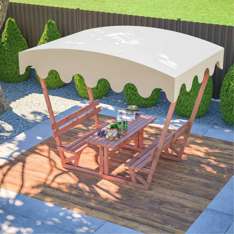 Outdoor Waterproof Solid Wood Picnic Table And Bench Set With Removable Canopy - Suitable For All-Weather Patios, Gardens, Decks, Parks, Beaches