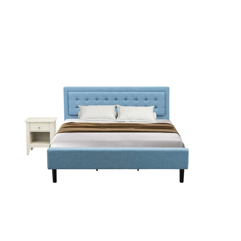 Ensemble de 2 pièces plateforme en bois pour chambre à coucher avec 1 très grand cadre et 1 table de bout - Fabrication fiable et durable - Tissu en lin beige brume