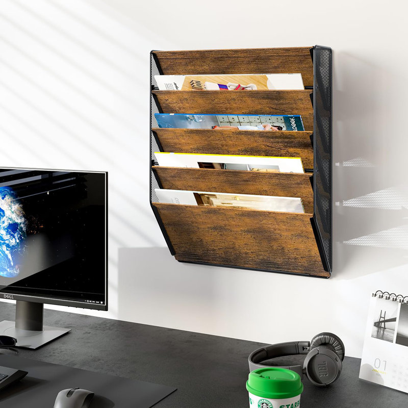 Wall File Organizer For Office, 5-Tier Rustic Hanging File Holder Wall Storage Rack For Documents/Magazine/Literature/File Folders/Mails/Envelopes, Brown