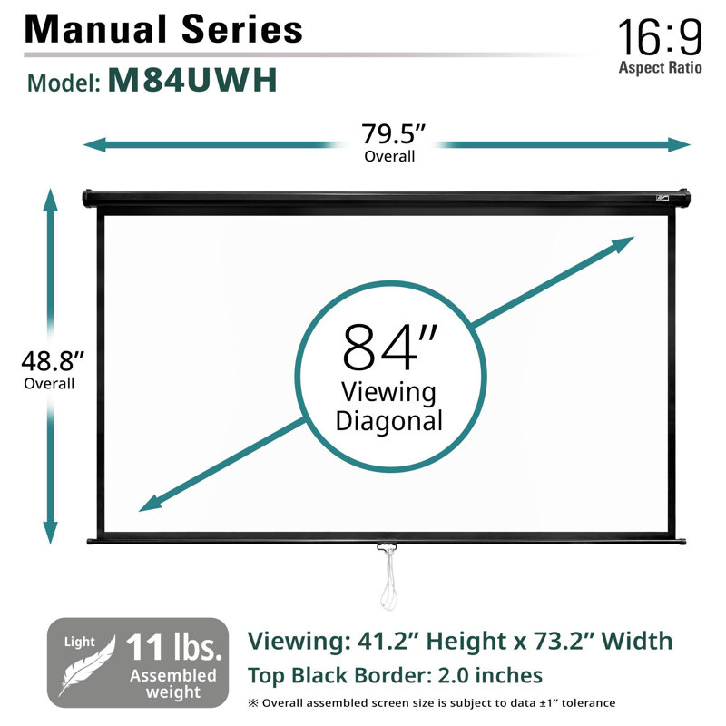 Écran de projection rétractable Manuel Series, boîtier noir, 84 po en diagonale