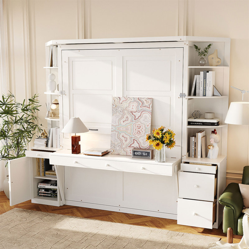 Grand lit escamotable avec bureau, tablettes et armoires de rangement, lit escamotable pour bureau à domicile peu encombrant, lumières