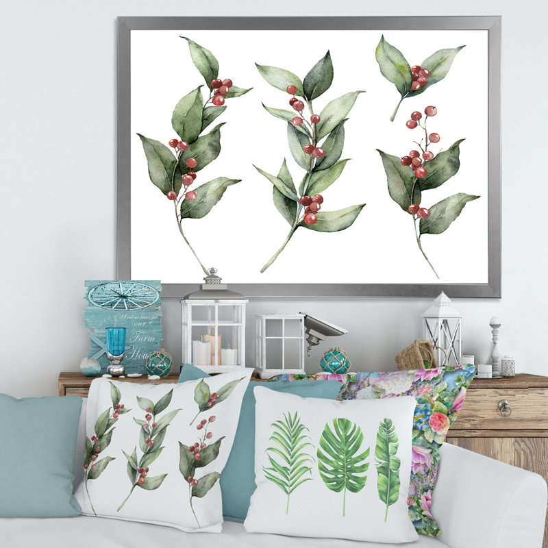 Ensemble de Noël avec branches et Berrie rouge - Peinture sur toile, H 24 po x l 32 po x P 1 po, Cadre photo argenté