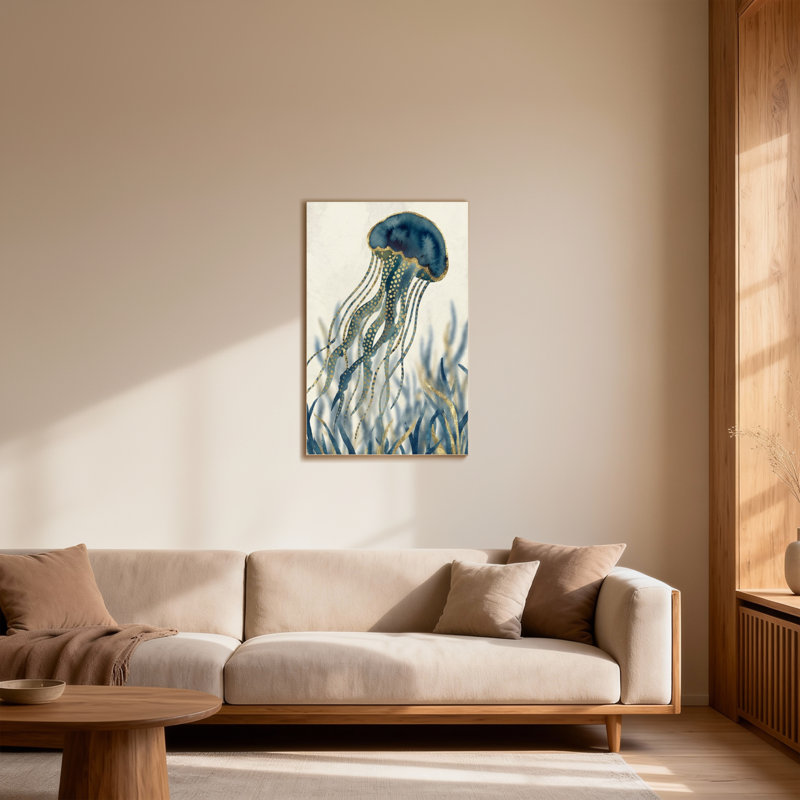 Animaux méduse aux accents dorés sur fond bleu, H 12 po x l 18 po