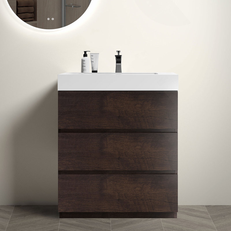 Meuble-lavabo autoportant avec grand lavabo et rangement, Brown, White