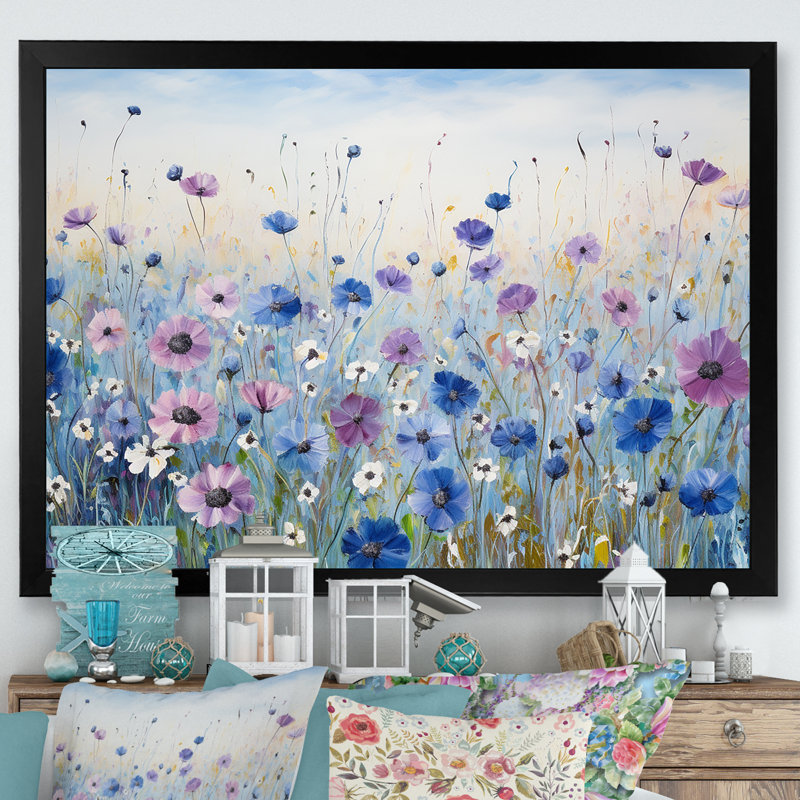 Divine cornflowers Blooming Field III - Art mural champ de fleurs, H 24 po x l 32 po x P 1 po, Cadre simple noir