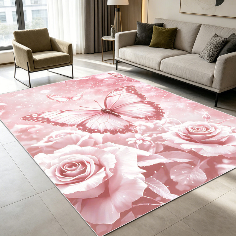 1PC Pink Sparkle Rose & Butterfly Romantic Floral area rugs for Living Room, Soft, All seasons, Easy-maintain, Washable Indoor mat, Farmhouse suitable for dining table, bedroom entryway, kitchen patio, balcony home office, Home Decor, Outdoor Decor.