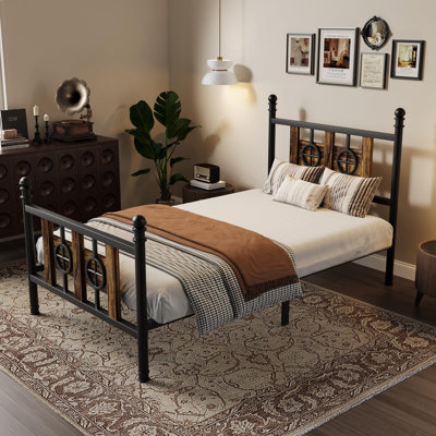 Twin Size Sturdy Metal Bed Frame with Vintage Circular Design,Platform with Headboard & Footboard – Underbed Storage, Noise-Free, No Box Spring Needed, Rustic Brown