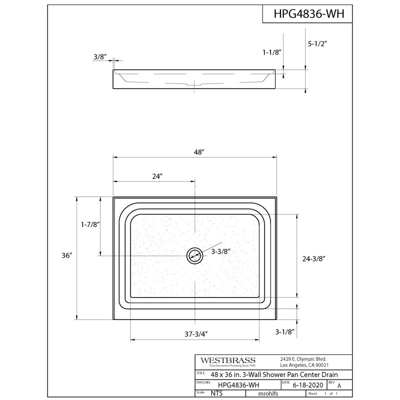 48'' W 36'' D Rectangular Single Shower Base, Polished Chrome