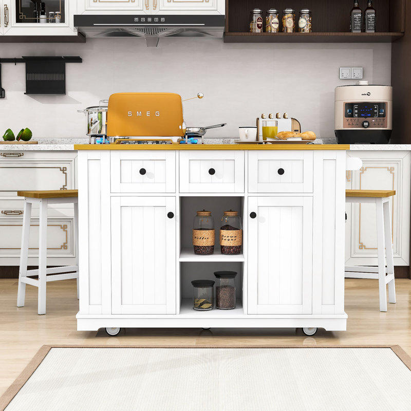 Ensemble d'îlot de cuisine 3 pièces avec tablettes de rangement, station de charge intégrée et tabourets de bar Chiyeko