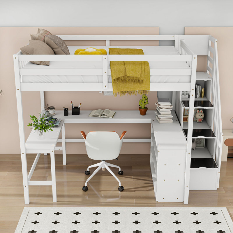 Lit mezzanine double en bois avec bureau intégré en L et tablettes de rangement, Blanc