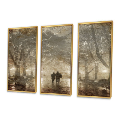 " Couple Walking in Night Lights " 3 Piece Art Watercolor Painting