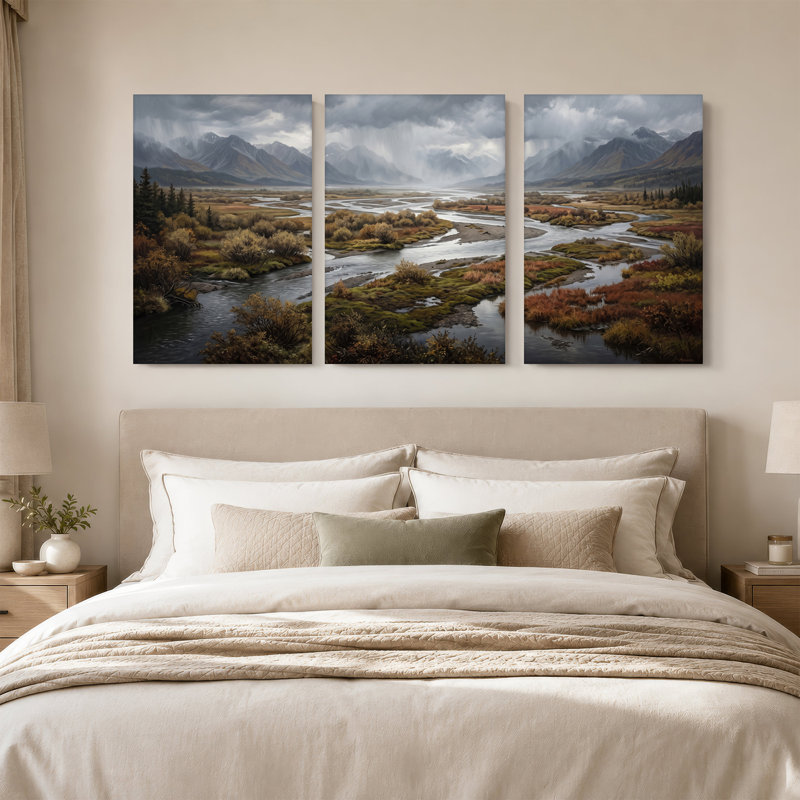 «Winding River In Misty Mountains And Autumn Foliage», ensemble de 3 toiles murales, H 36 po x l 24 po x 3 pièces