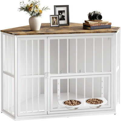 42.5" Corner Dog Crate Furniture, Wooden Indoor Kennel with 360° Rotating Door & Stainless Bowls, End Table for Small Breeds