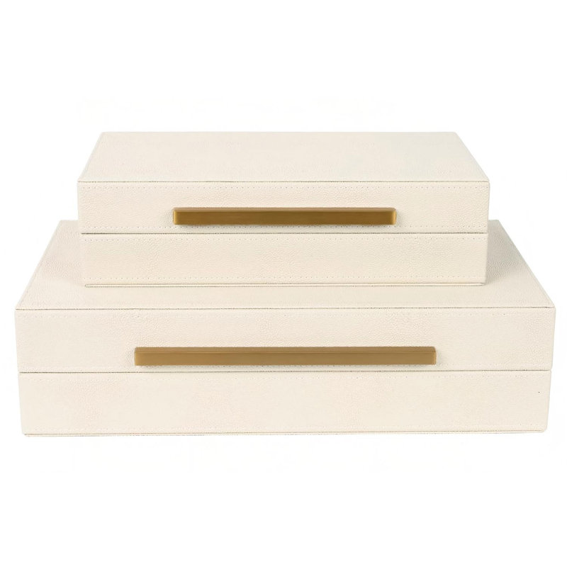 Beige Shagreen Decorative Storage Boxes – Set of 2 Faux Leather Jewelry & Memory Boxes with Gold Metal Handles, Nesting Photo Organizers
