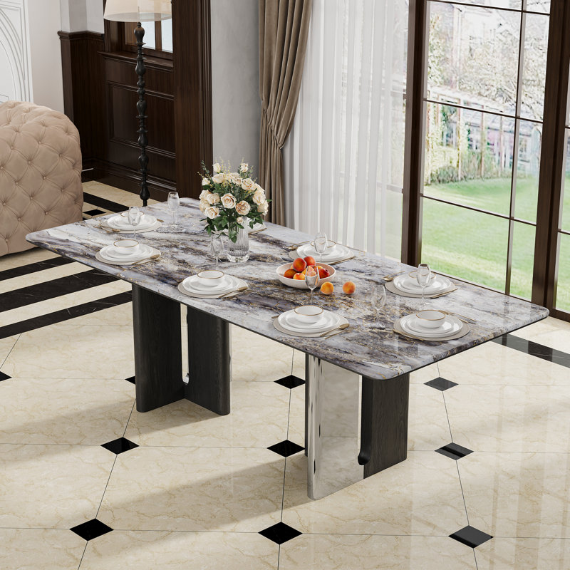 Jahiel 78" Modern Retangular Dining Table for 8-10, Glossy Grey Faux Marble Table top, Stainless Steel Legs