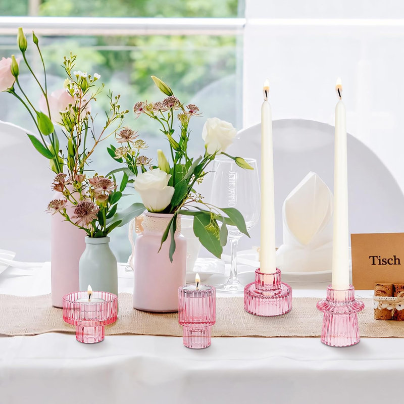 Bougeoirs en cristal rose côtelé rétro