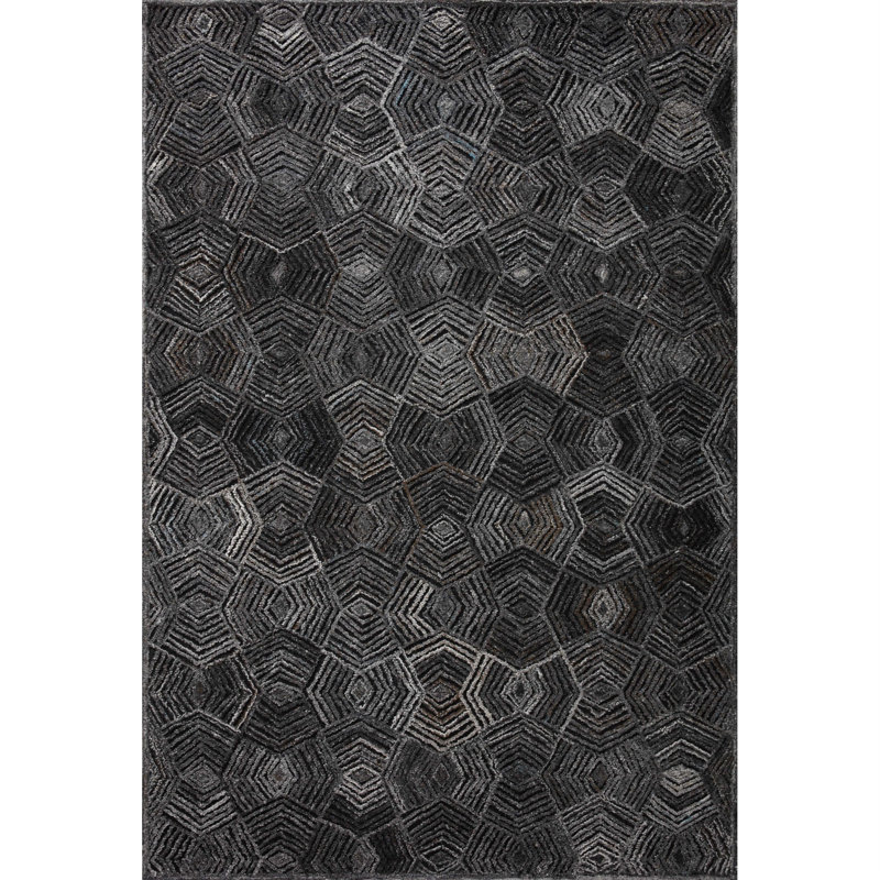 Tapis noir / gris en polyester fabriqué à la main Emilianna, Rectangle 8 pi 6 po x 12 pi