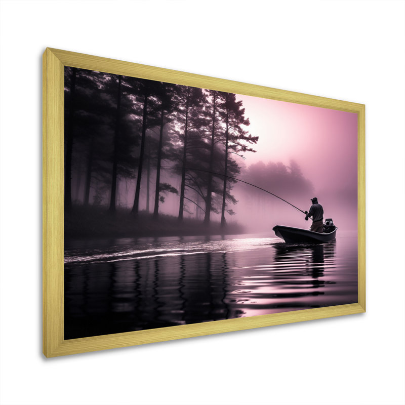 Fishing At The Lake I - Fishing Framed Canvas Print Hunting Wall Art, Gold Single Picture Framed, 34" H x 44" W x 1.5" D