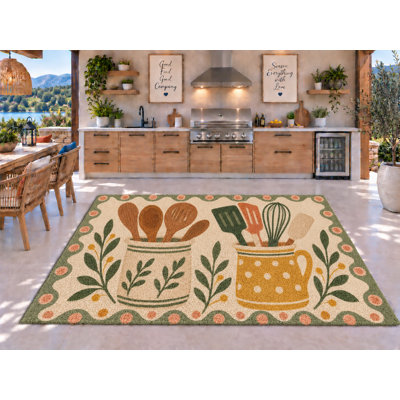 Tapis d'extérieur 5' x 7' avec pot à ustensiles, pot à herbes aromatiques, tapis bouclé en PVC épais, solide et imperméable, tapis de patio robuste, tapis d'intérieur/extérieur à séchage rapide pour porche, terrasse, balcon, entrée, camping-car.