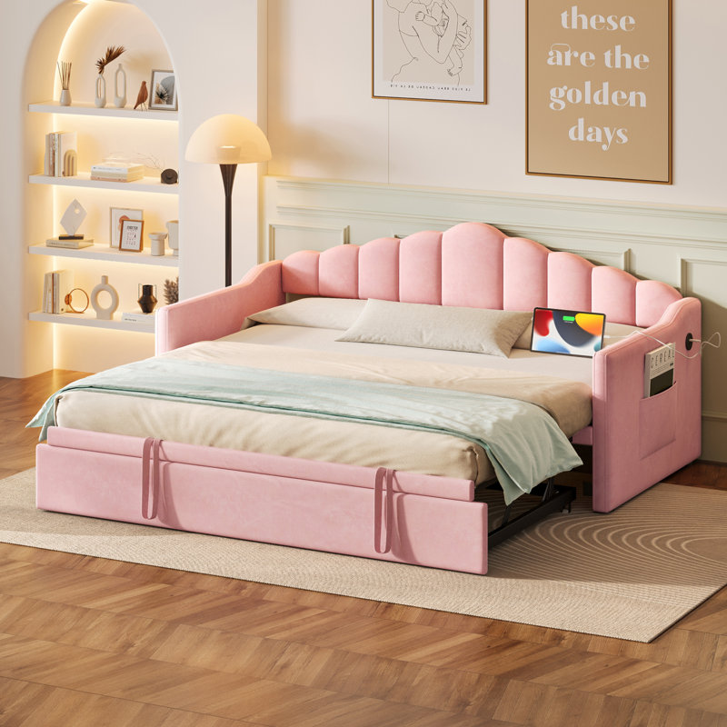 Upholstered Twin Size Daybed with Adjustable Height Pop Up Trundle Twin Bed and USB & Type-C Charging Port, Day Bed Frame with 2 Side Pockets, No Box-Spring Needed