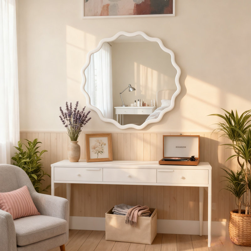 Miroir décoratif rond en bois massif Wavy, Blanc, 36 po x 36 po